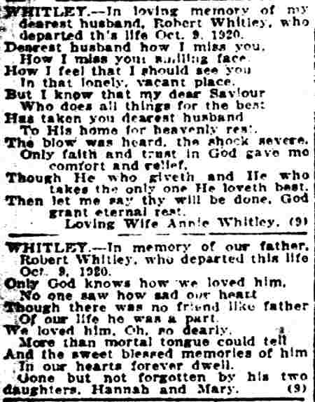 Whitley Memorial Notices, Camden Post-Telegram, October 8, 1923