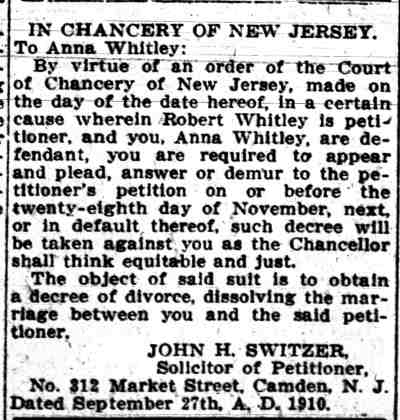 Whitley divorce notice, Camden Post-Telegram, October 11, 1910