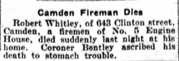 Camden Fireman Dies, Philadelphia Public Ledger, October 11, 1920