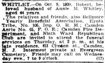 Whitley obituary notice, Camden Post-Telegram, October 12, 1920