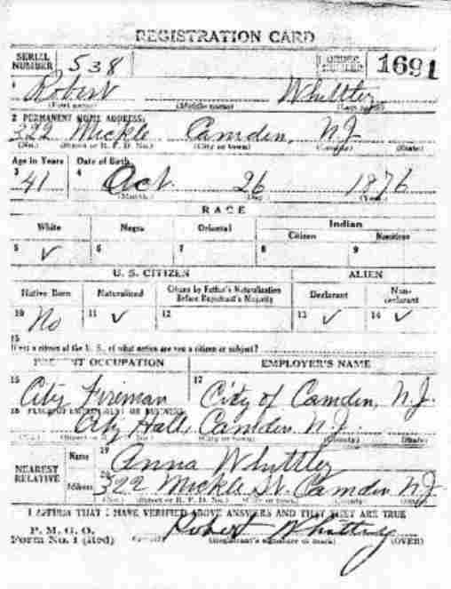 Robert Whitley World War I Draft Card, front