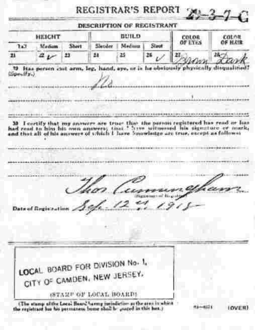 Robert Whitley World War I Draft Card, reverse