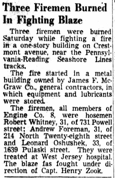 Three Firemen Burned In Fighting Blaze, Camden Courier-Post, March 24, 1952