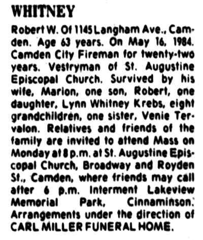 Obituary for Robert W. Whitney, Camden Courier-Post, May 1984