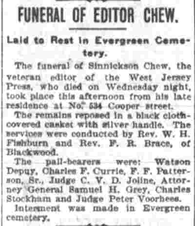 Camden Post-Telegram, June 28, 1901 — Funeral of Editor Chew
