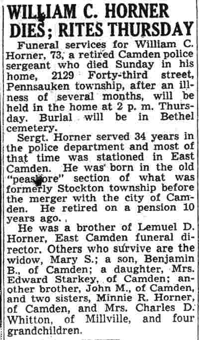 William C. Horner Dies; Rites Thursday — Camden Courier-Post, February 16, 1943