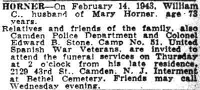 Horner Death Notice — Camden Courier-Post, February 17, 1943