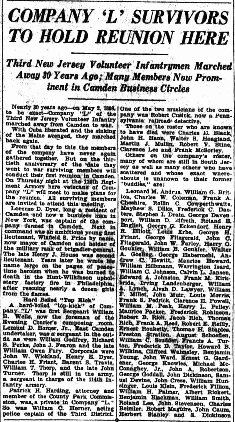 Company L Survivors to Hold Reunion Here — Camden Courier-Post, March 6, 1928