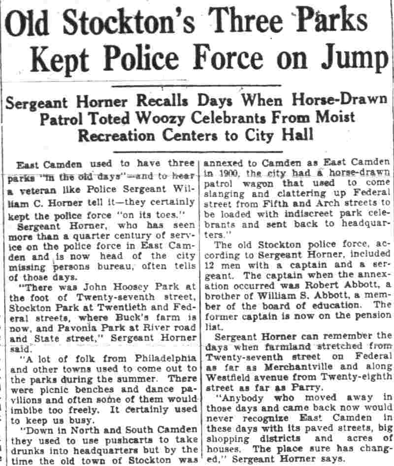 Old Stockton's Three Parks Kept Police Force on Jump — Camden Courier-Post, April 3, 1931