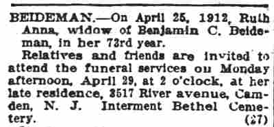 Death notice for Ruth Anna Beideman — Camden Post-Telegram, April 27, 1912