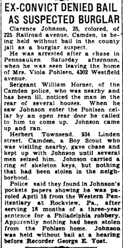 Ex-Convict Denied Bail as Suspected Burglar — Camden Courier-Post, June 2, 1932