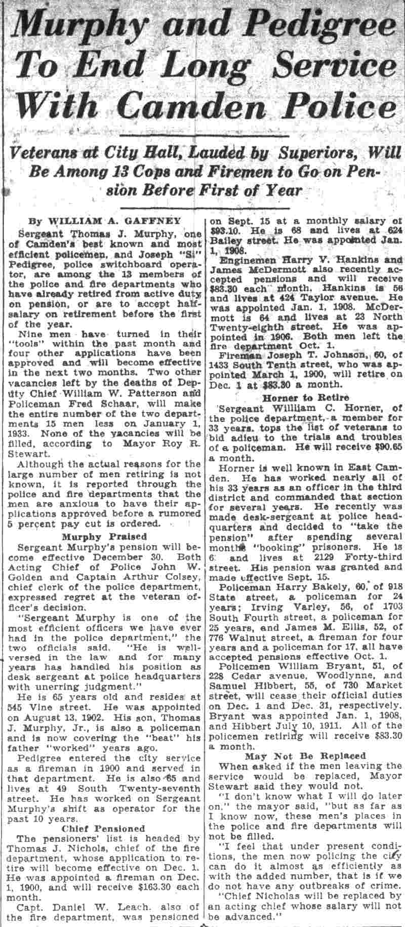 Camden Courier-Post October 8, 1932 — Murphy and Pedigree retirement article