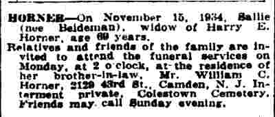 Horner Death Notice — Camden Courier-Post, November 16, 1934