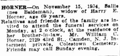 Horner Death Notice — Camden Courier-Post, November 17, 1934