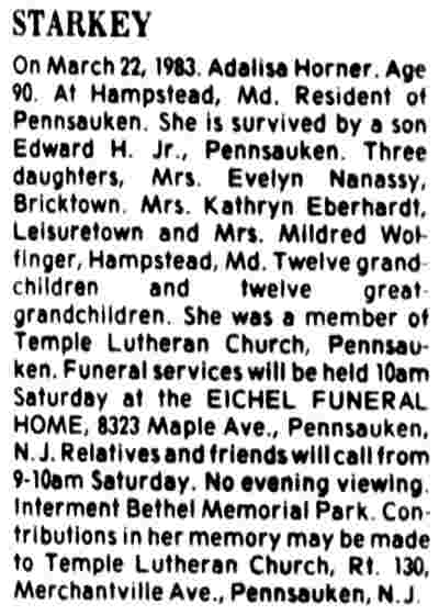 Starkey Death Notice — Camden Courier-Post, December 24, 1983