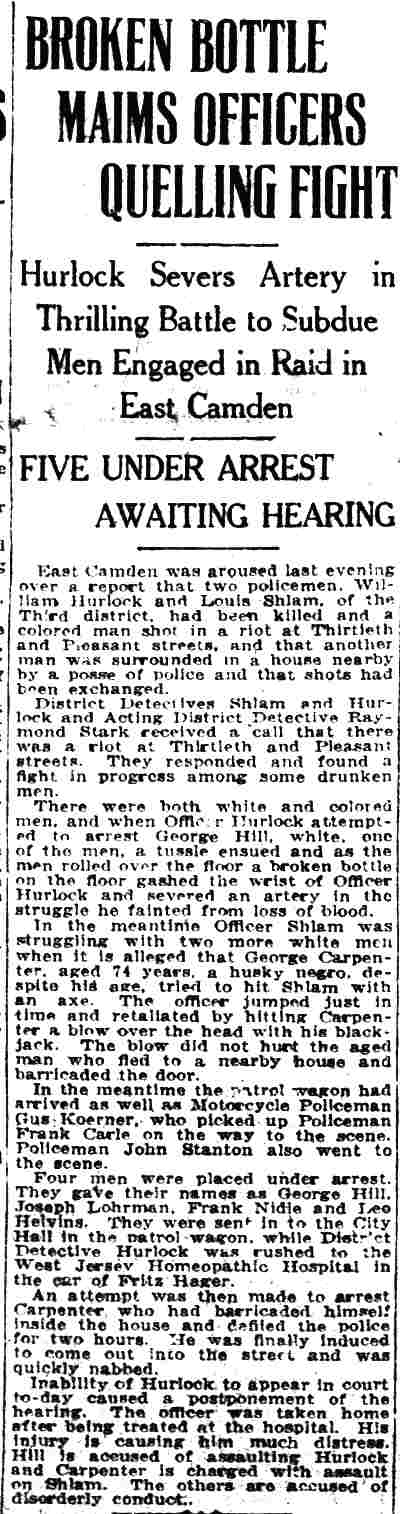 Newspaper article: Broken Bottle Maims Officers Quelling Fight, August 24, 1923