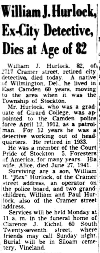 William J. Hurlock, Ex-City Detective, Dies at Age of 82 — Camden Courier-Post, November 22, 1951