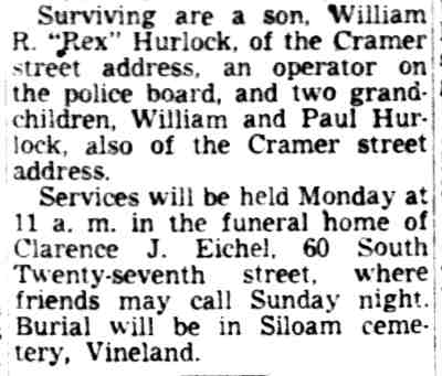 William J. Hurlock obituary (continued) — Camden Courier-Post, November 22, 1951