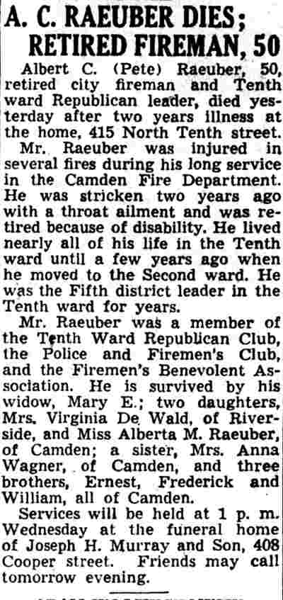 Albert Charles Raeuber obituary article, Camden Courier-Post, December 4, 1944