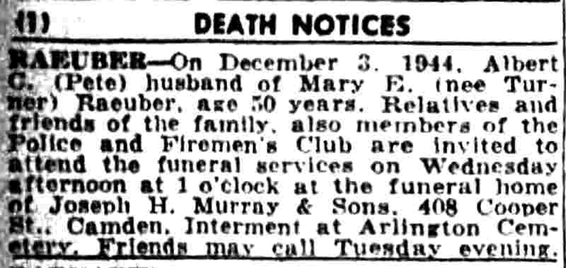 Albert Charles Raeuber death notice, Camden Courier-Post, December 4, 1944