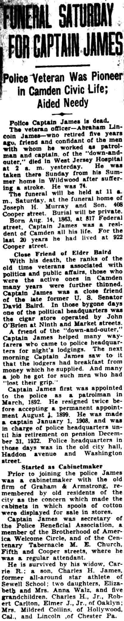 Funeral Saturday for Captain James, Courier-Post August 26, 1937