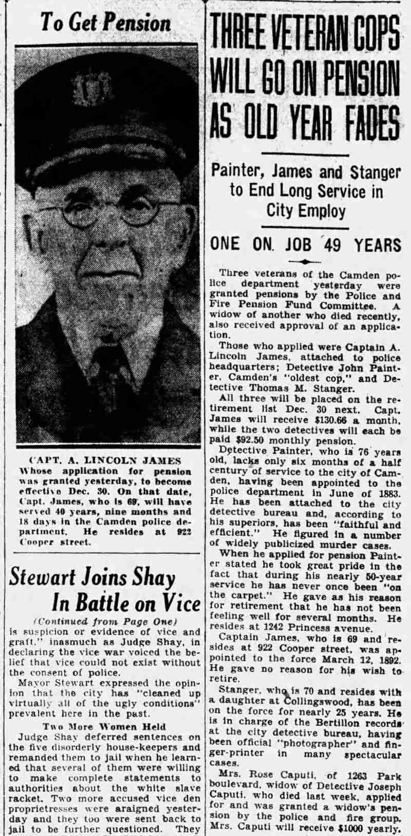Camden Courier-Post, November 23, 1932 — Three Veteran Cops Will Go on Pension as Old Year Fades