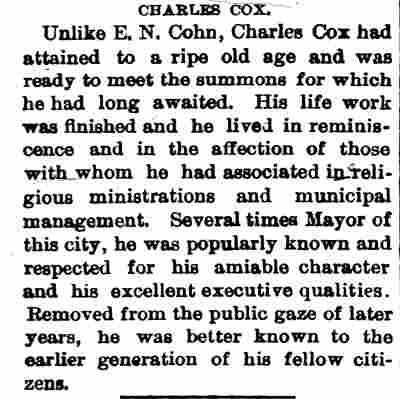 Obituary notice for Charles Cox in Camden Post