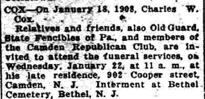 Camden Daily Courier funeral notice, January 20, 1908