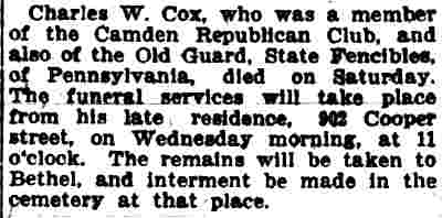 Camden Post-Telegram death notice, January 20, 1908