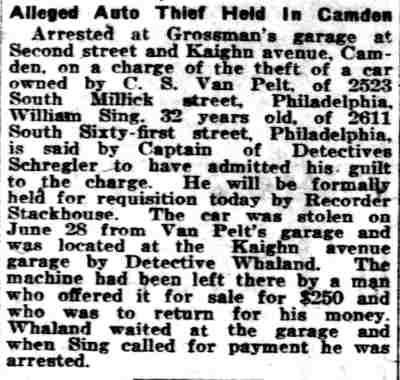 Philadelphia Inquirer, July 12, 1920 — Alleged Auto Thief Held in Camden