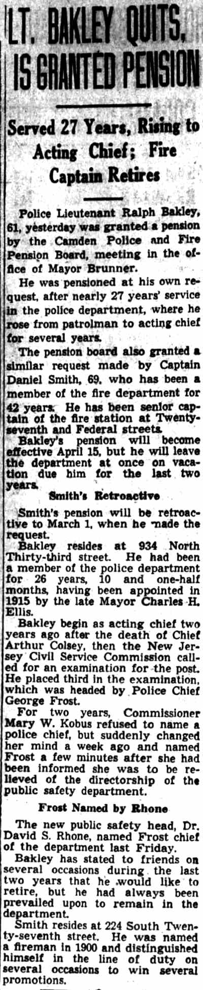 Lt Bakley quits is granted pension March 7 1942
