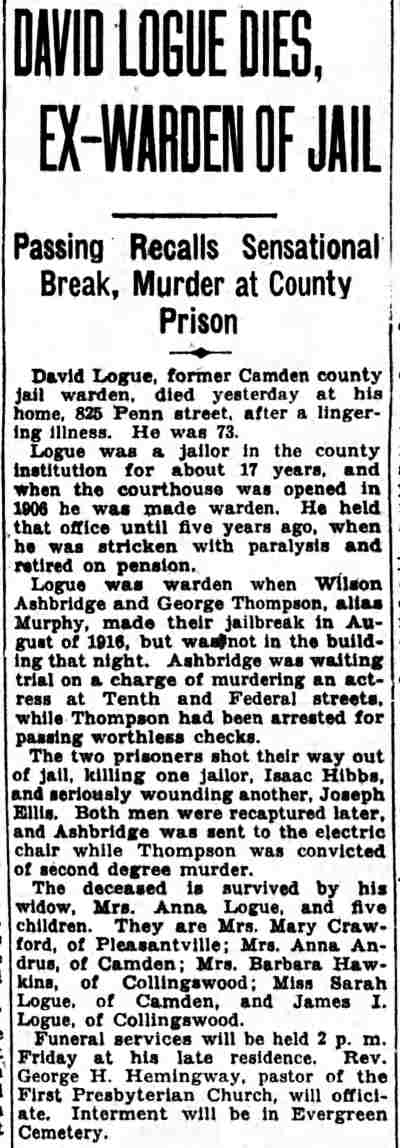 Camden Courier-Post July 25, 1928 — David Logue Dies, Ex-Warden of Jail