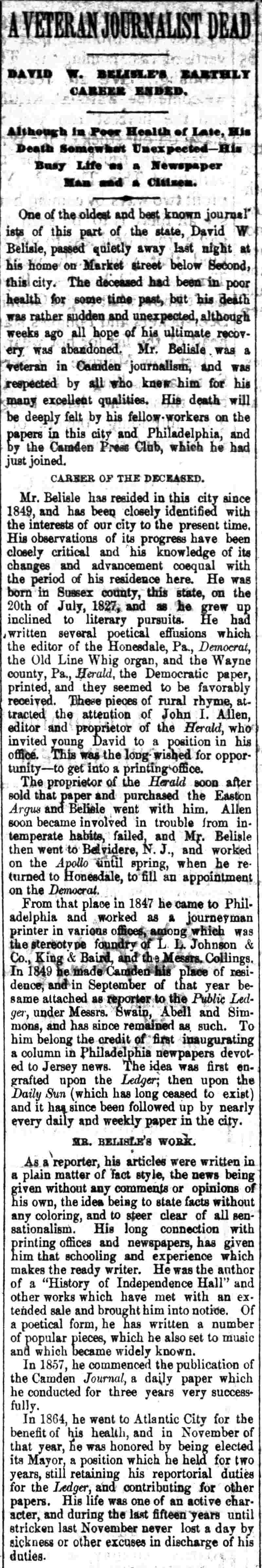 Camden Post, July 17, 1886 — A Veteran Journalist Dead