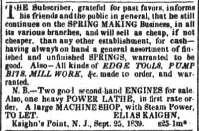 Philadelphia Public Ledger, September 26, 1839 — advertisement for Elias Kaighn's spring making business at Kaighn's Point
