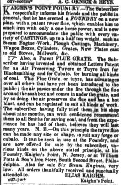 Philadelphia Public Ledger, October 27, 1841 — advertisement for Kaighn's Point Foundry and patent flue grate