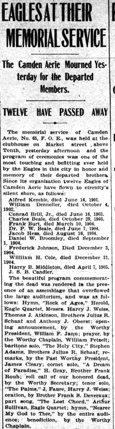 Camden Daily Courier, May 8, 1905 — Eagles at Their Memorial Service, memorial service of Camden Aerie No. 65, Fraternal Order of Eagles