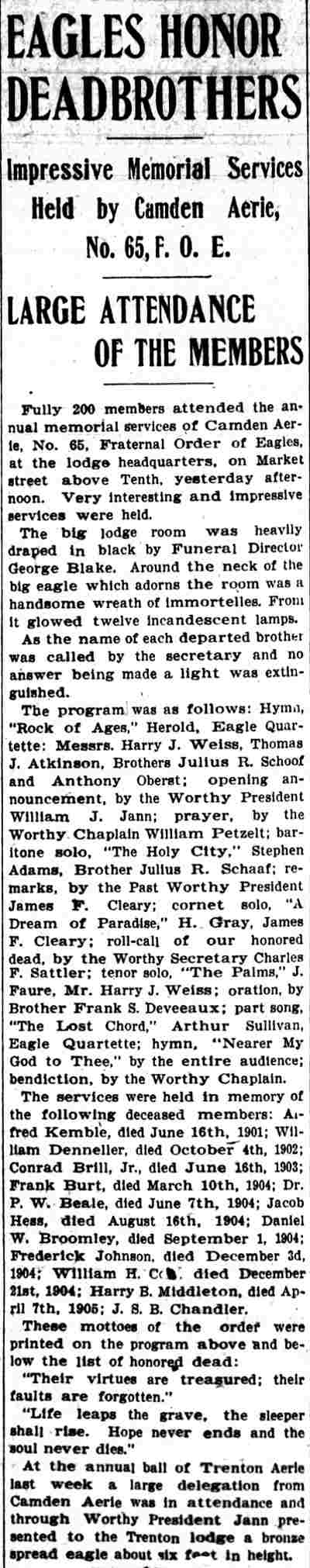 Camden Post-Telegram, May 8, 1905 — Eagles Honor Dead Brothers, memorial service of Camden Aerie No. 65, Fraternal Order of Eagles