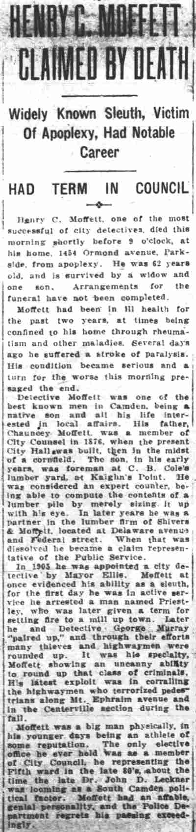 Henry C. Moffett Claimed by Death — Camden Daily Courier, January 24, 1920