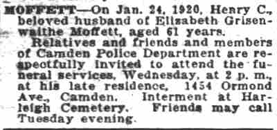 Moffett funeral notice — Camden Daily Courier, January 27, 1920