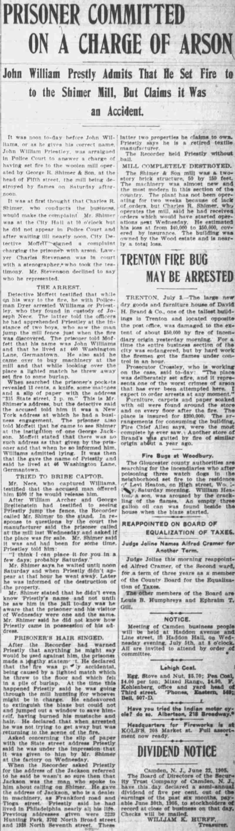 Prisoner Committed to a Charge of Arson — Camden Post-Telegram, July 3, 1905