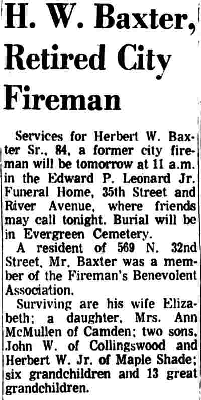 H. W. Baxter, Retired City Fireman — Camden Courier-Post, February 10, 1969