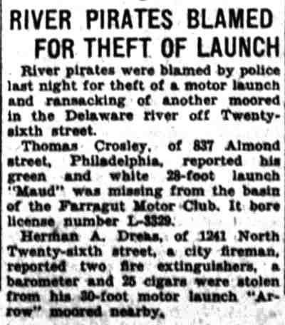 Camden Courier-Post clipping: River Pirates Blamed for Theft of Launch
