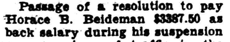 Camden Courier-Post clipping: back salary resolution for Horace B. Beideman