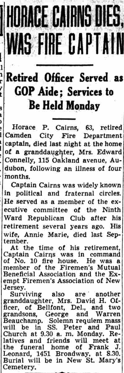 Horace Cairns Dies, Was Fire Captain, Camden Courier-Post, March 12, 1942