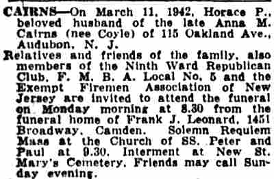 Death notice for Horace P. Cairns, Camden Courier-Post, March 12, 1942