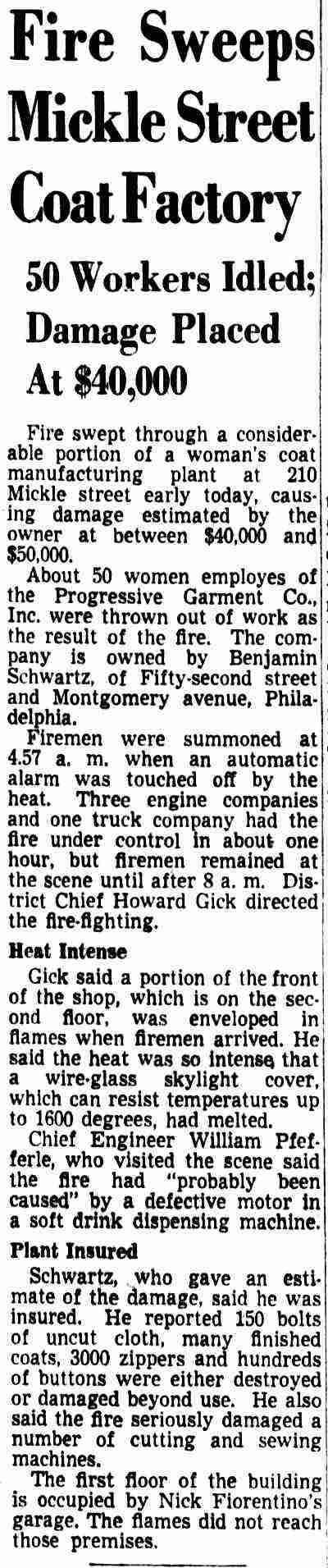 Fire Sweeps Mickle Street Coat Factory, Camden Courier-Post, April 2, 1952