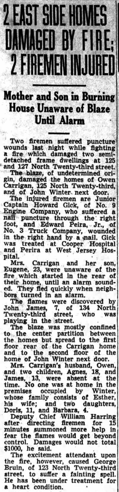 2 East Side Homes Damaged by Fire; 2 Firemen Injured, Camden Courier-Post November 29, 1941