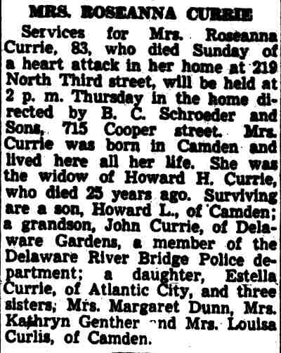 Camden Courier-Post, February 1, 1944 — death notice for Mrs. Roseanna Currie, widow of Howard H. Currie