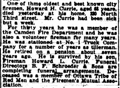 Camden Post-Telegram, October 15, 1918 — death notice for Howard H. Currie, Camden firefighter