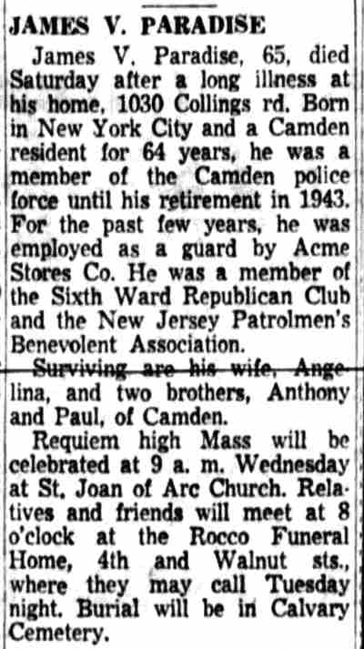 James V. Paradise obituary — Camden Courier-Post, June 24, 1957